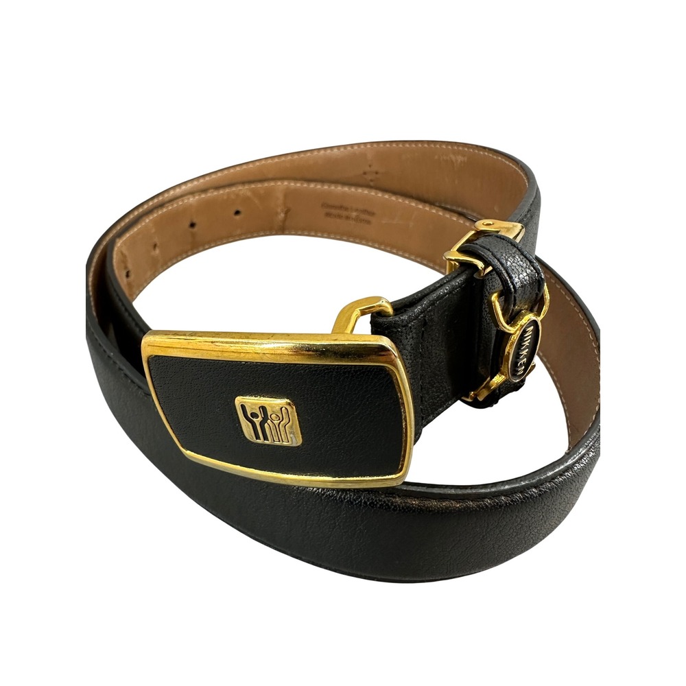 Nikken Vintage Black Genuine Leather Belt Gold Tone Logo Buckle Flawed Korea